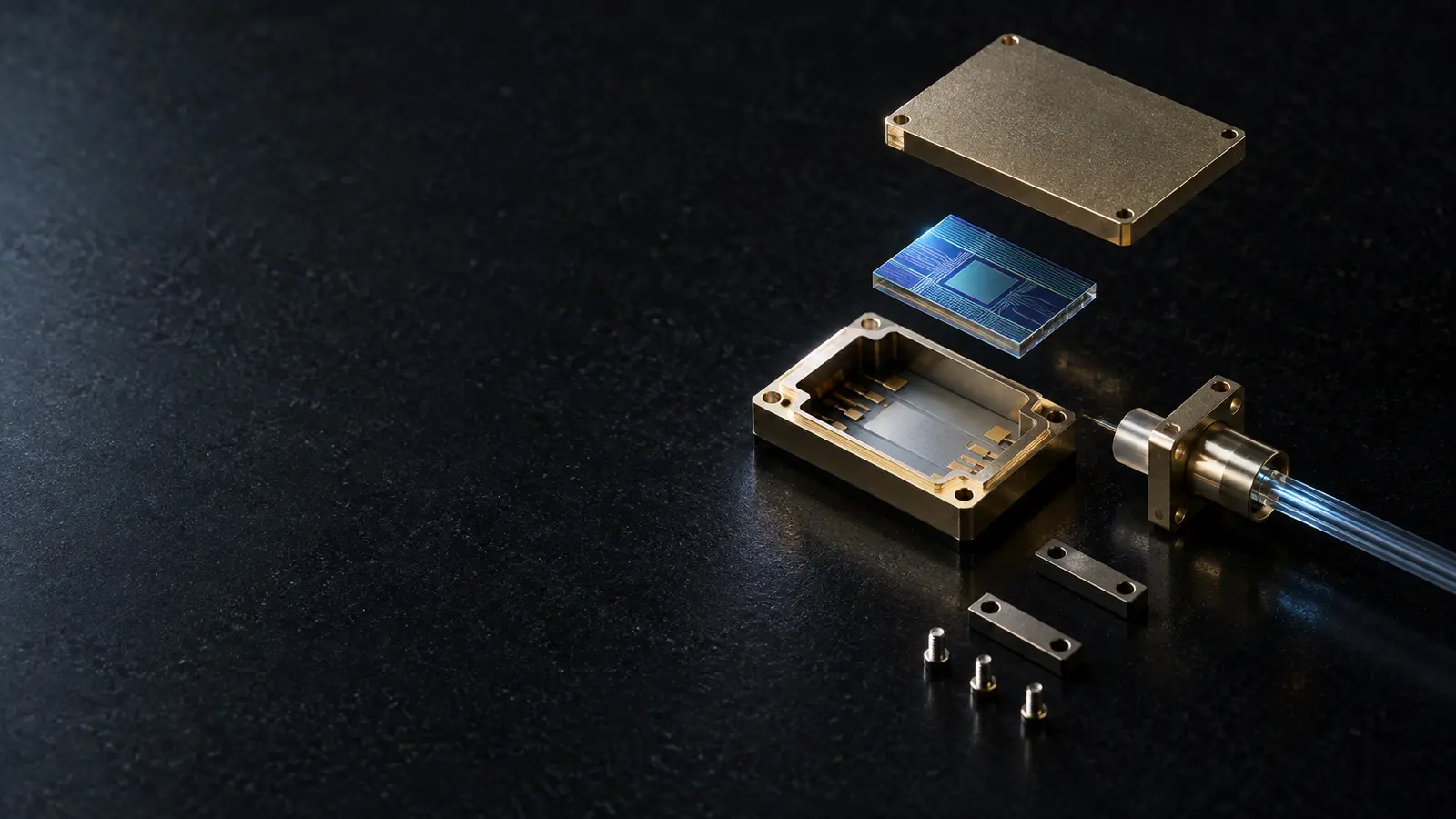 Conceptual photonic die, fiber interface, carrier and lid arranged before final assembly.
