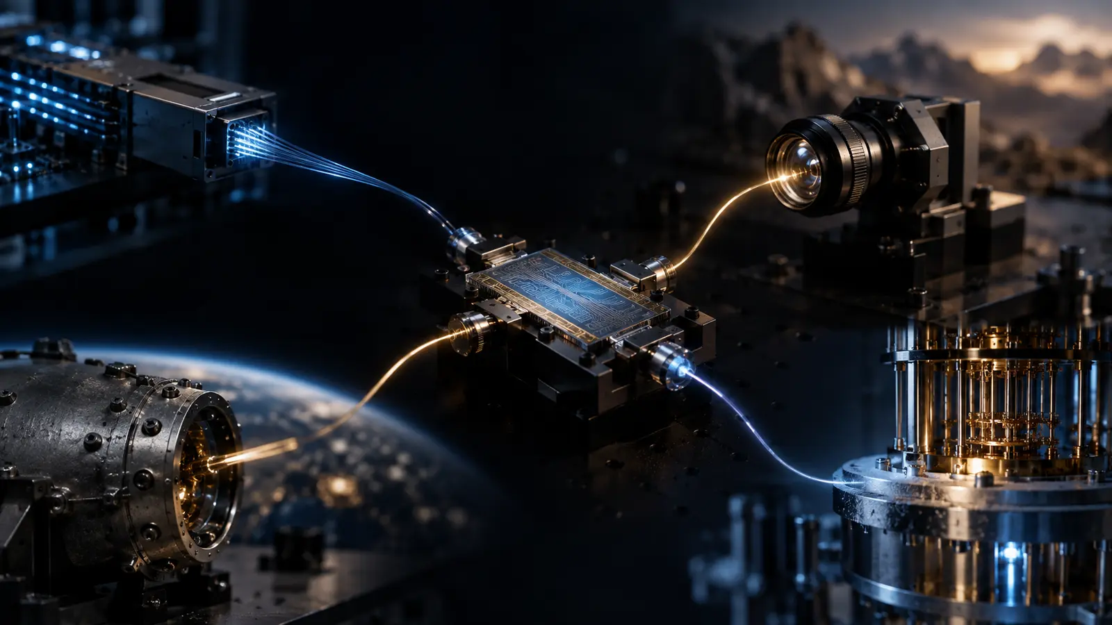 Conceptual photonic assembly linking several distinct optical-system environments.