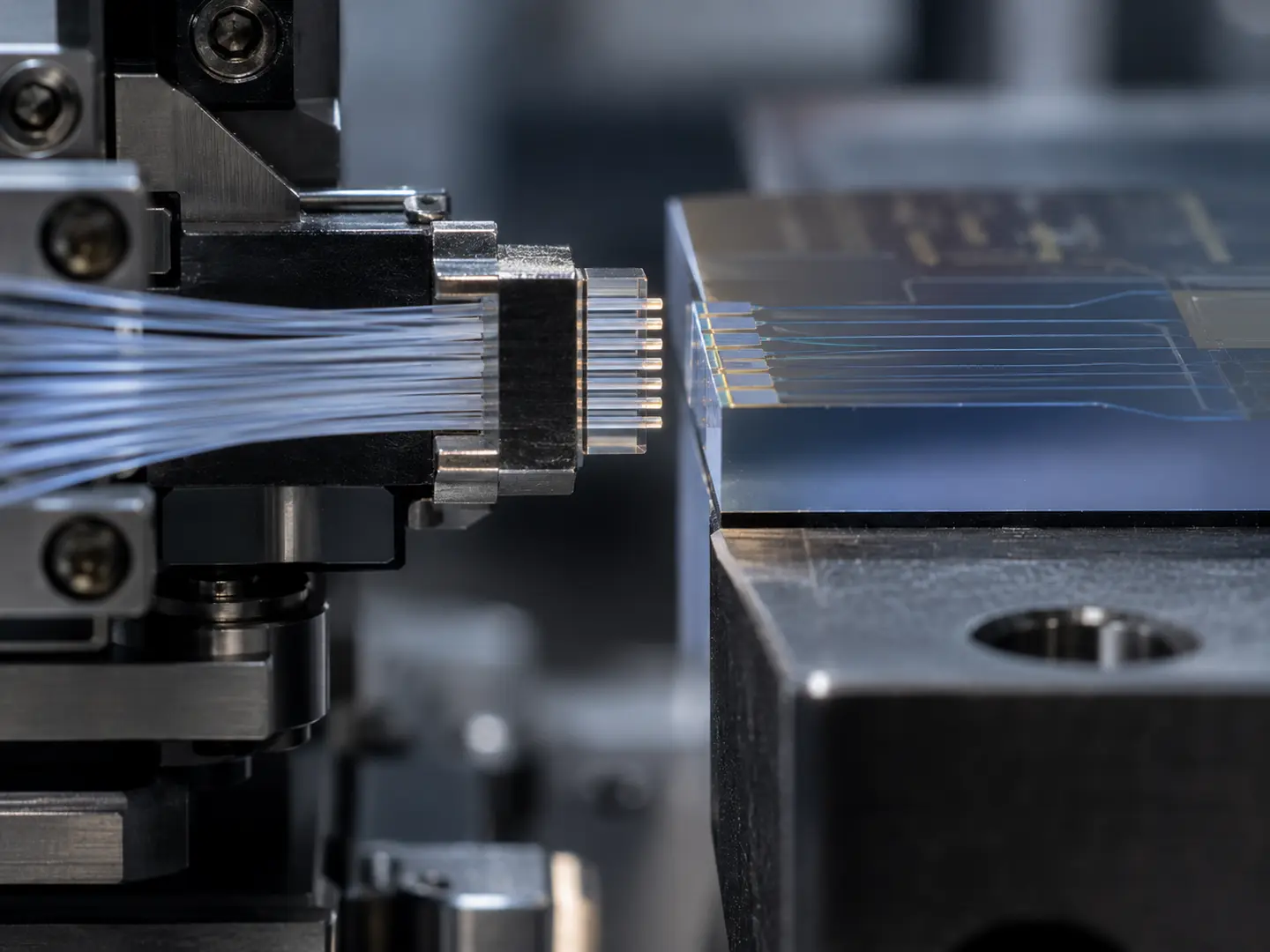 Glass fiber array positioned at the polished edge of a photonic integrated circuit.