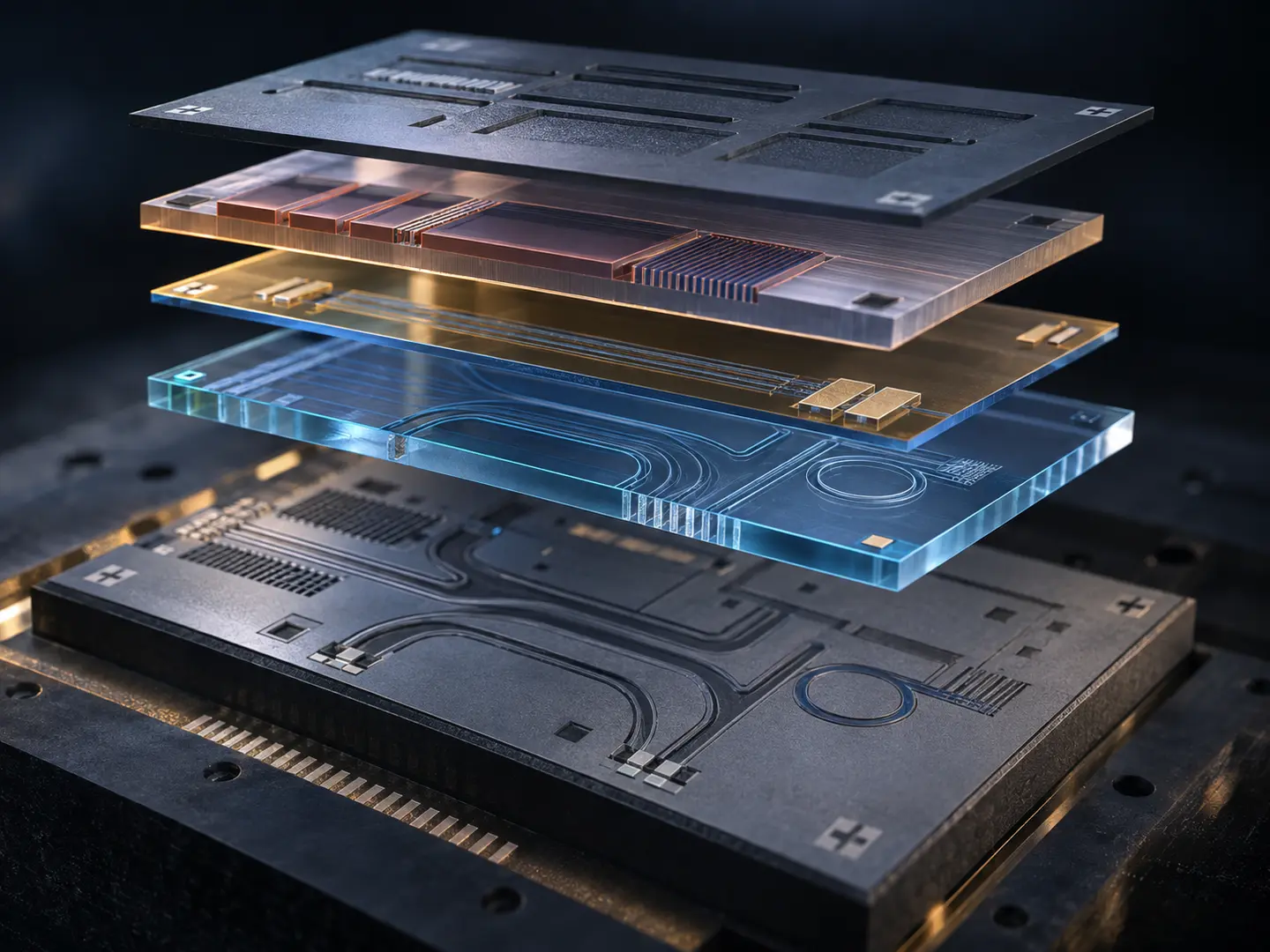 Conceptual separated layers of a heterogeneous photonic stack before integration.