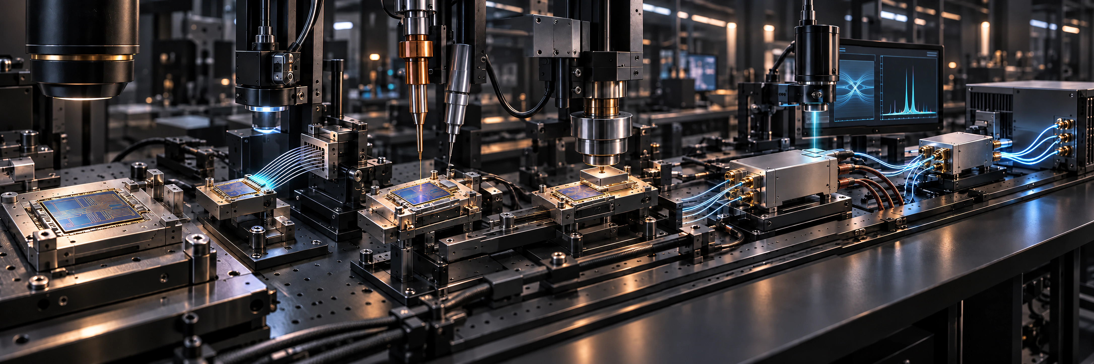 A continuous advanced assembly environment moving from a photonic integrated circuit through alignment, integration, bonding, packaging, test and functional system operation.