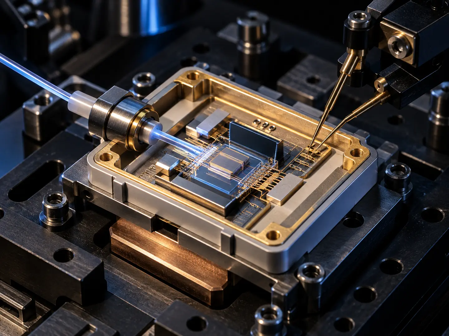 Conceptual photonic module in an open package under optical and electrical test.