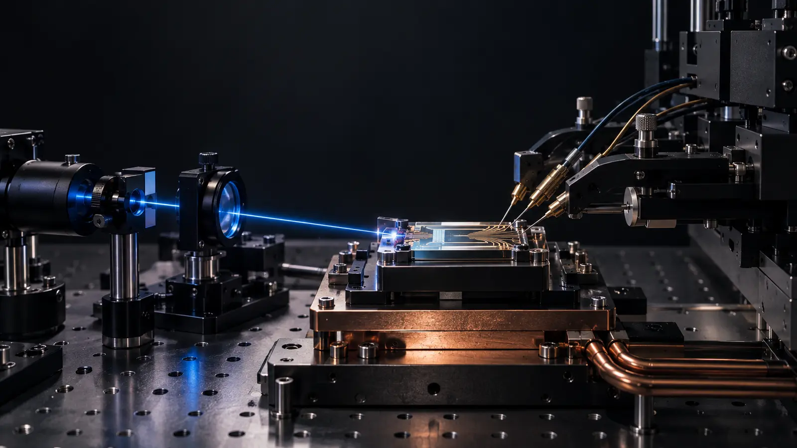 Conceptual photonic package coordinated with optical, electrical and thermal test interfaces.